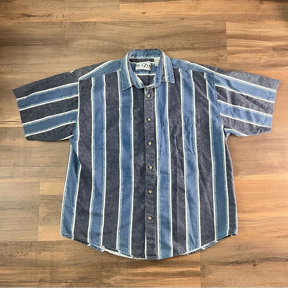 Vintage Blazer Firenze Denim Blue Striped Button Down Short Sleeve Shirt Size XL